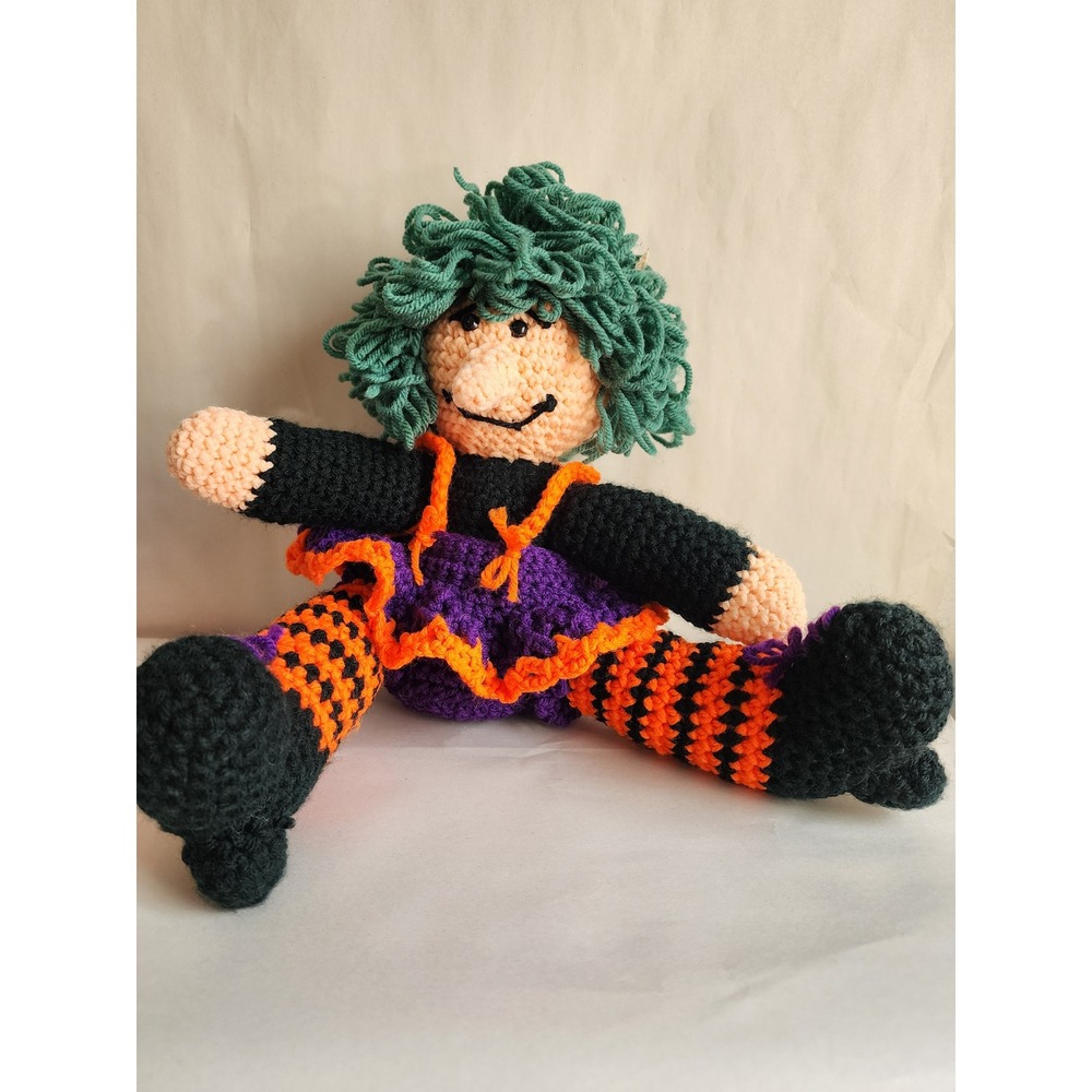 Handmade Crochet Halloween Witch Doll Green Hair Purple Orange Amigurumi Plush